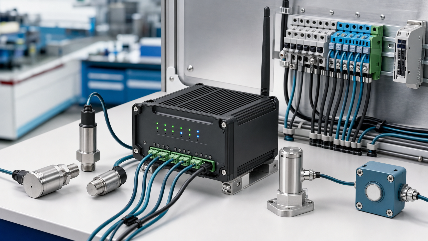 IoT edge gateway connected to multiple sensors and field wiring