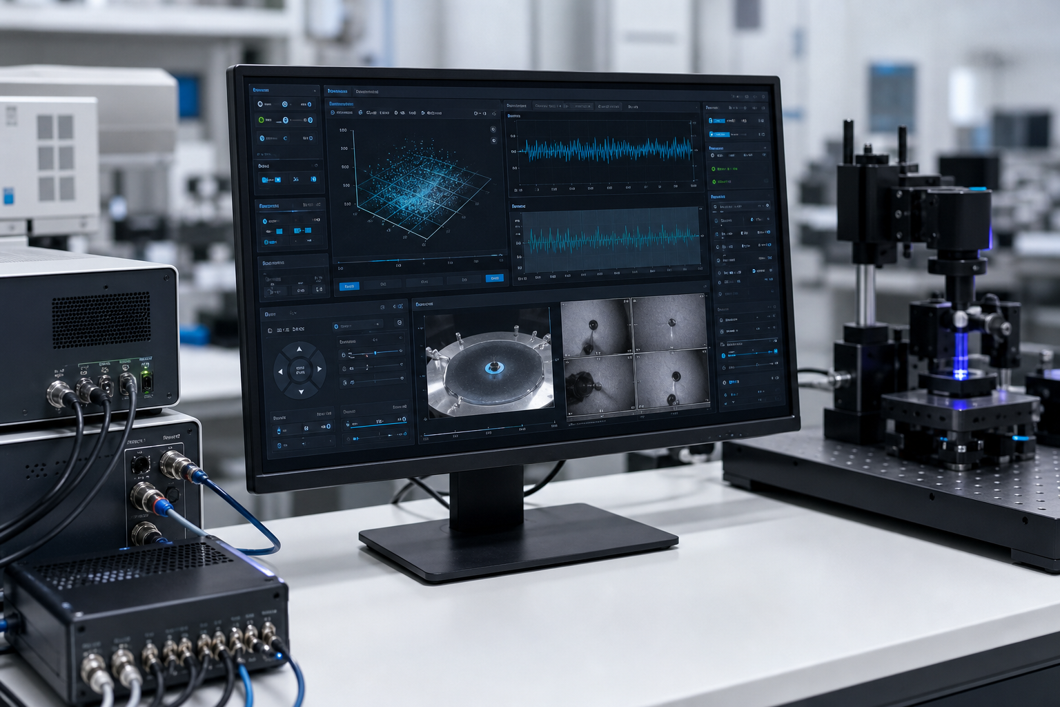 Control application dashboard connected to scientific instruments and optical hardware